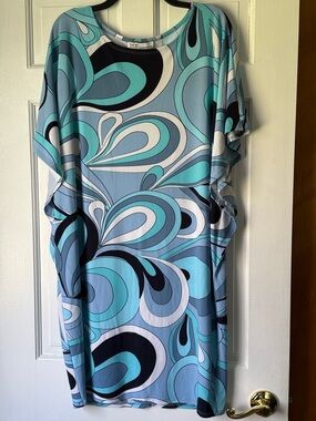 David Meister Blue and Teal Abstract Print Dress